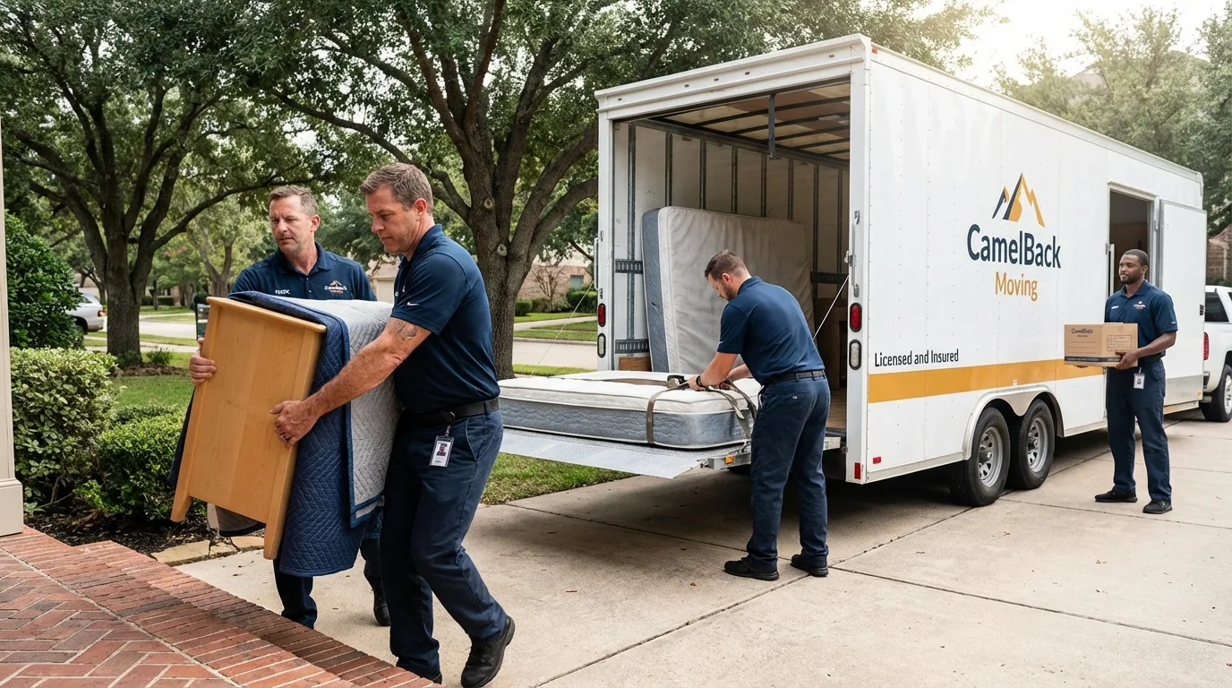 Crew loading residential truck for cross-state move from Crete, NE