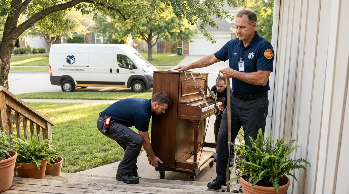 Licensed piano movers securing grand piano in Crete, NE