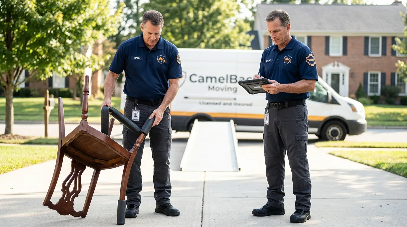 Movers inspecting furniture for damage prevention before loading in Crete, NE